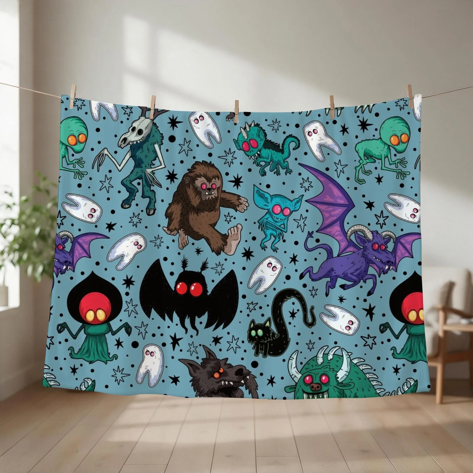 Cryptids Night Light Blue Throw Blanket couch cozy soft plush fuzzy picnic outdoor blanket