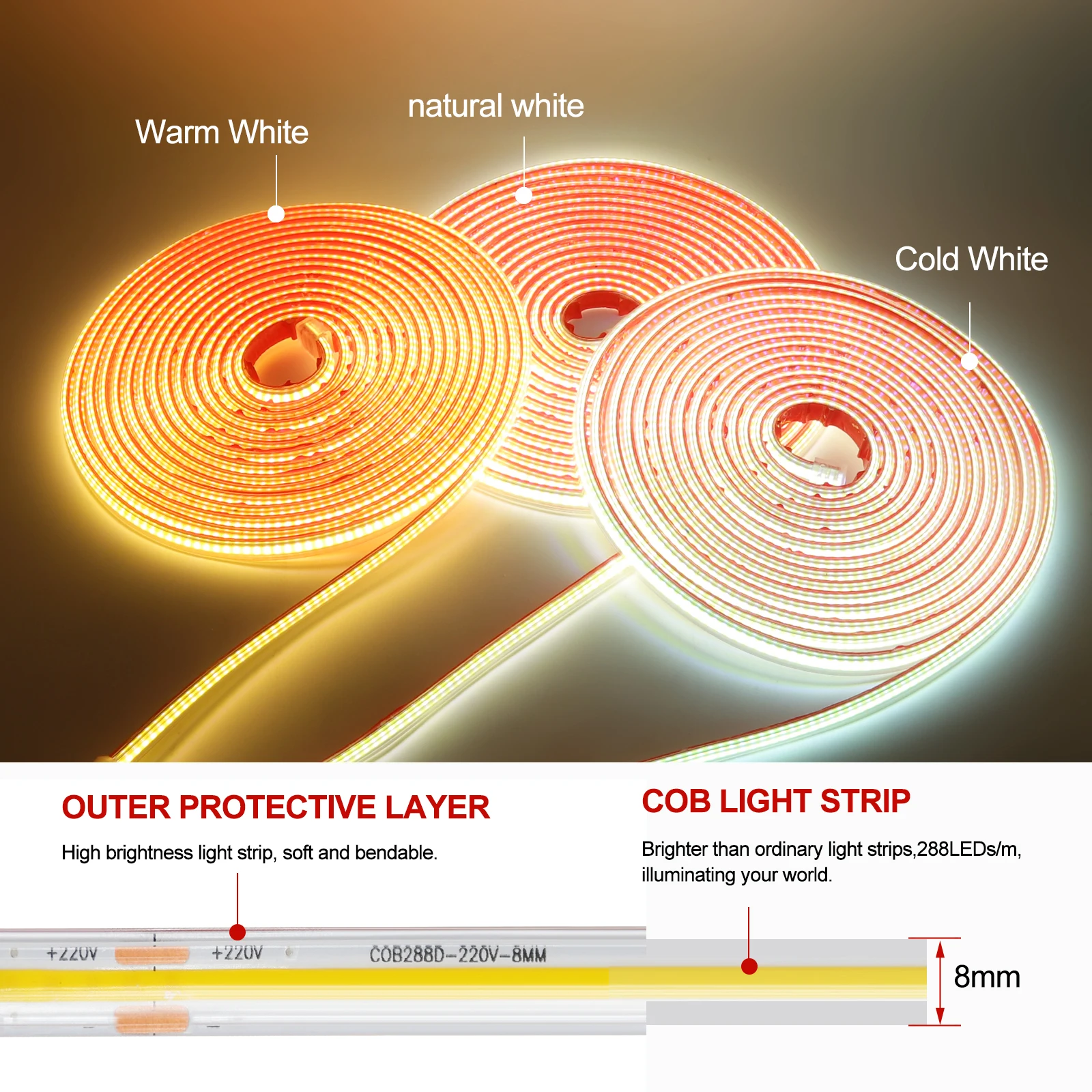 220V COB LED Strip 220V Flexible LED Tape with Adhesive Tape 288LEDs High Density Linear Light Waterproof COB Light Switch Plug