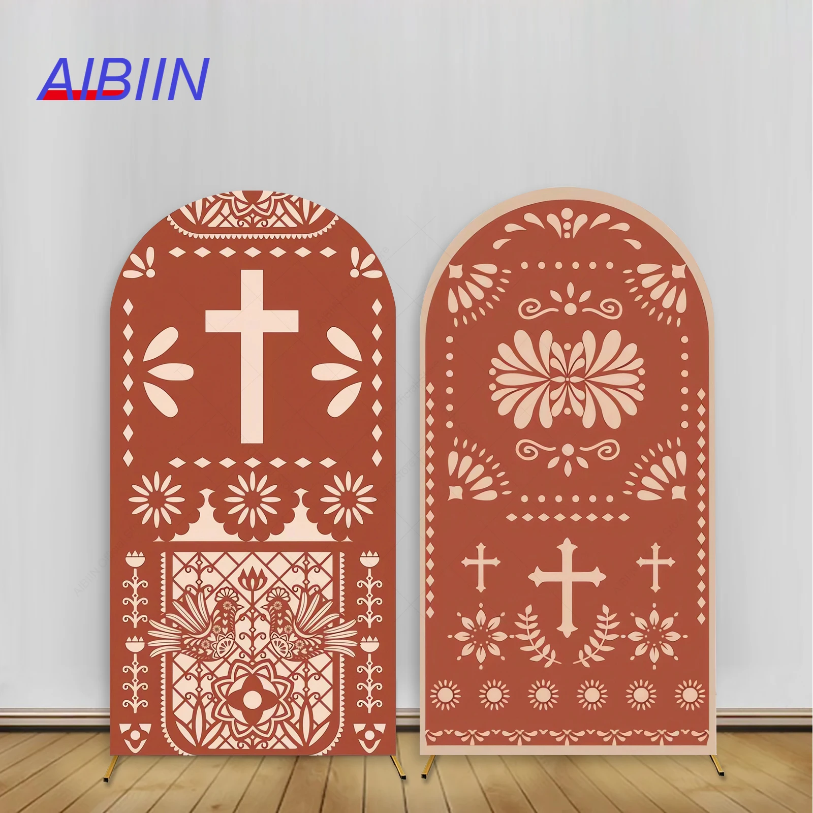 

Red Brown Baptism Arch Backdrop CoverTalavera Flower Cielito Lindo Baby First Communion Party Decor God Bless Cross Background