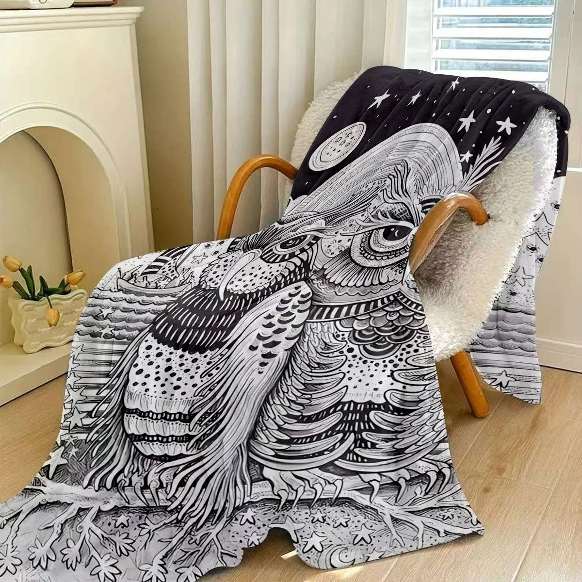 Flannel Owl Throw Blanket Bohemian Artistic Starry Night Pattern Soft And Skin-Friendly, Warm And Heat-Insulating, Suitable for
