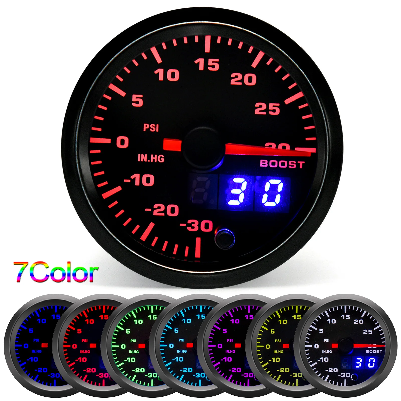 HD Dual Display 52MM 7 Colors Backlight Turbo Boost Gauge -30~30 PSI Boost Meter with Stepper Motor Boost Sensor Vacuum Gauge