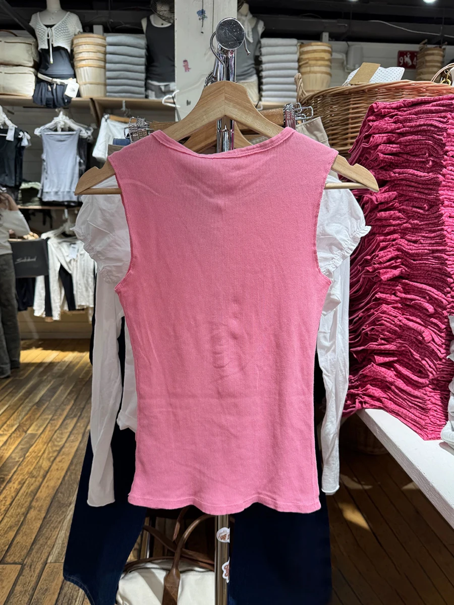 Peachy Pink Ribbed Slim Tank Tops Woman Summer Nine Buttons O-neck Cotton Slim Vest Female Solid Sweet Cute Sleeveless Camisole