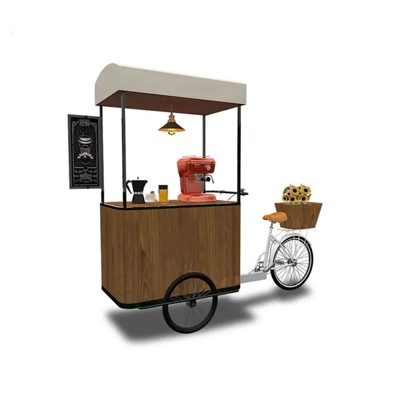 

Hot Sale Drinks Coffee Cart Bike Electric / Pedal Cargo Tricycle Wood Street Mobile Fast Food Cart Kiosk Delivery Bike