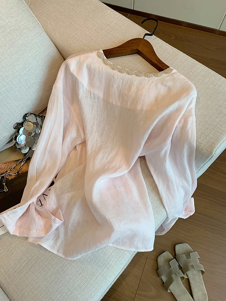 

Pink V-Ne Loose Fit Long Sve irt Women's Faionable Summer Casual Top Design Heavy Embelliment Versatile Gentle Wind