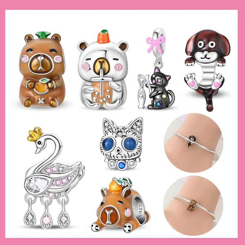 

Бусины серии Pet, коричневый и белый капибара, медведь, питьевой чай с молоком, браслет-подвеска, подходит для серебра 925, женское ожерелье, ювелирное изделие своими руками, подарок