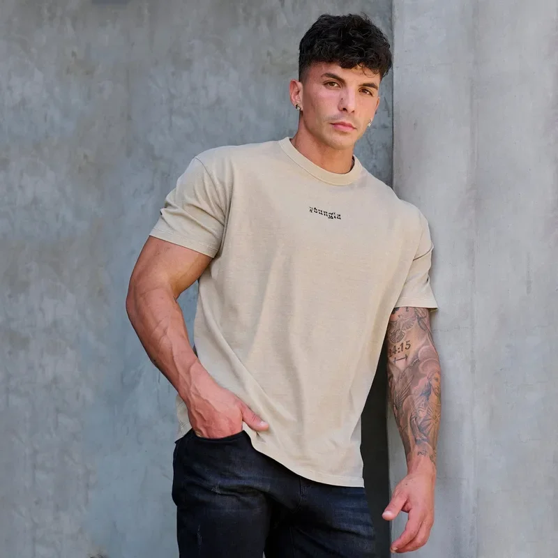 Summer New men\'s Oversized T-shirt Muscle Exercise Fitness Cotton Round Neck Short Sleeve Gym Running Basketball Training topman