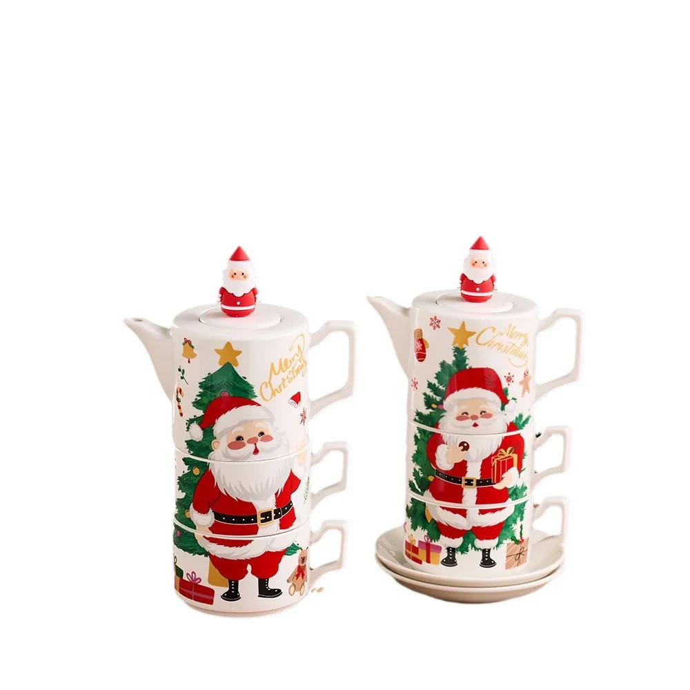 Christmas Teapot Set with Gold Trim, Ceramic Pot & 2 Cups Gift Box, Instagrammable Holiday Tea Set اكواب ديزني