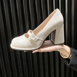 Elegant Heel Shoes Ladies 8cm High Heel Bowknot Solid Mary Jane Zapatos Adult Dress Pink White Black Cosplay Footwear