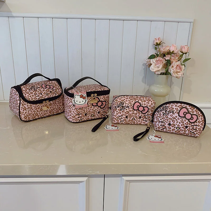 Genuine Hello Kitty Leopard Pink PU Makeup Bag For Women Large Capacity Portable Commuter Travel Handbag Skincare And Cosmetics