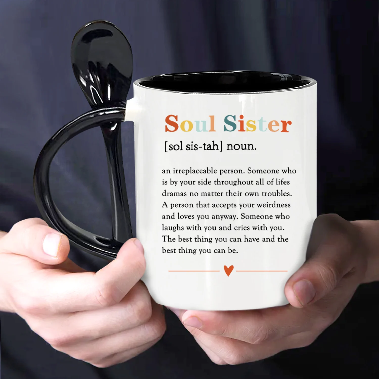 1PC, Friendship Gifts for Women, Soul Sister Coffee Mug, Best Friend Birthday Gifts, 11oz Ceramic mug with spoon, black