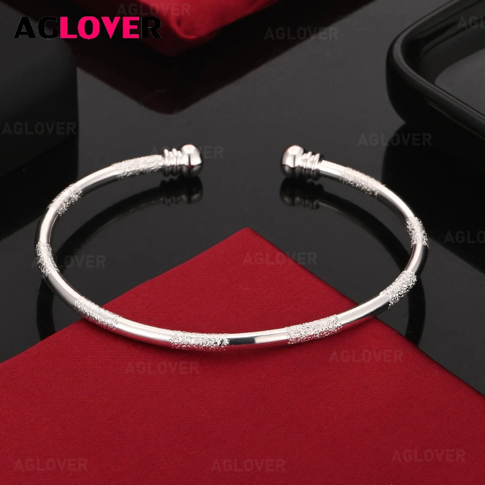 

AGLOVER 925 Sterling Silver Frosted Pattern Round Bead Open Bracelet Women Cute Noble Anniversary Gift Jewelry
