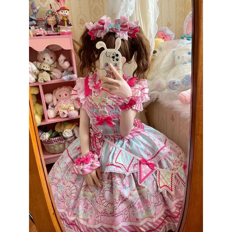 DY20Japanese dulce delantal de Lolita vestido de sirvienta mujeres Kawaii fresa conejo bordado Cosplay princesa vestidos de fiesta Vintage Dres