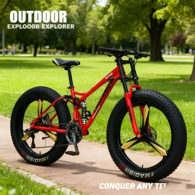 

Red Unisex Off-Road Mountain Bike with Shock Absorption 3-in-1 Wheel Variable Speed for Beach Snow Large 4.0 Extra Wide Tire Adu
