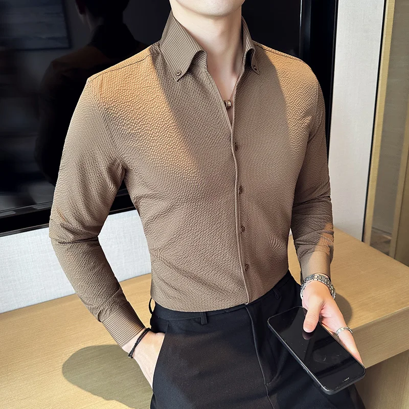 High Quality Workmanship Seersucker Waffle V-neck Shirt Men\'s Long-sleeved Stand Collar Shirt Brand Clothing Luxury Dress Shirt