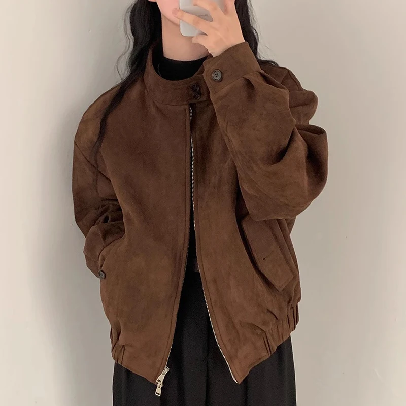 

Chic Autumnal Vintage Stand Collar Double Zipper Loose Fit Long Sve ort Jaet Women's Faion Commute Sle Color