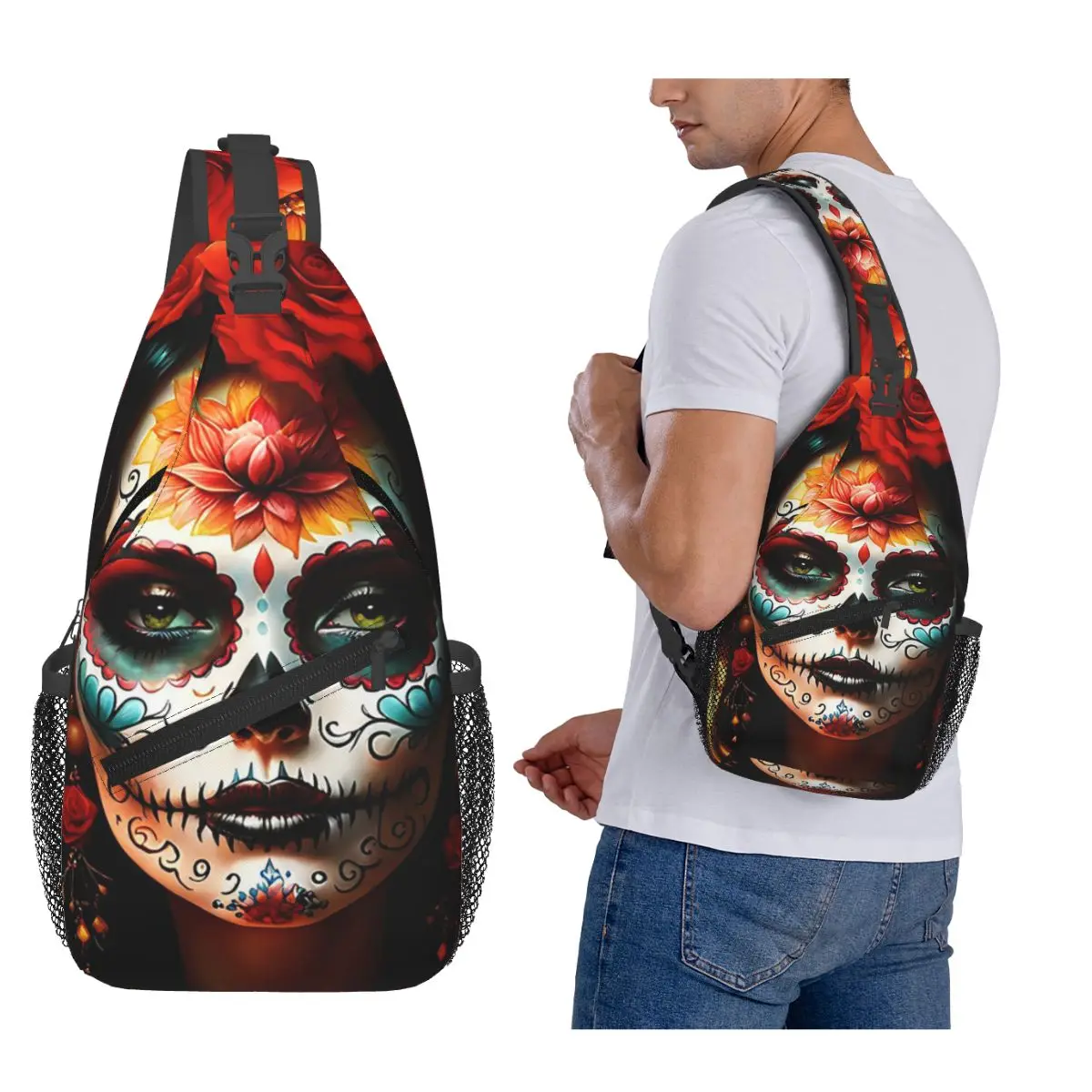 

Mexican Catrina Sugar Skull Lady Chest Bag Men Sling Crossbody Backpack Chest Bag Travel Hiking Daypack Shoulder Bag