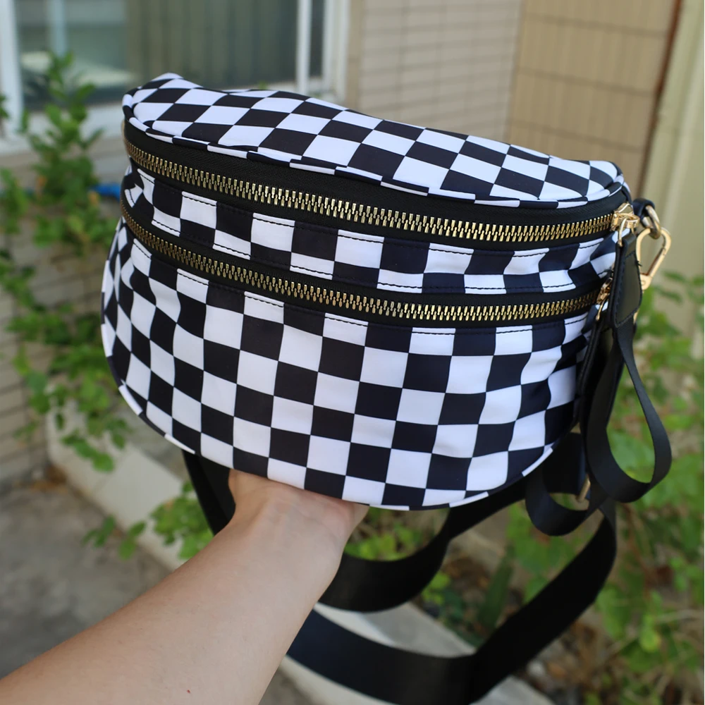 Black and White Checkered NylonBum Bag Plus Size Friendly FannyPack Crossbody-Spacious Designfor Essentials MORE COLORS for Gift