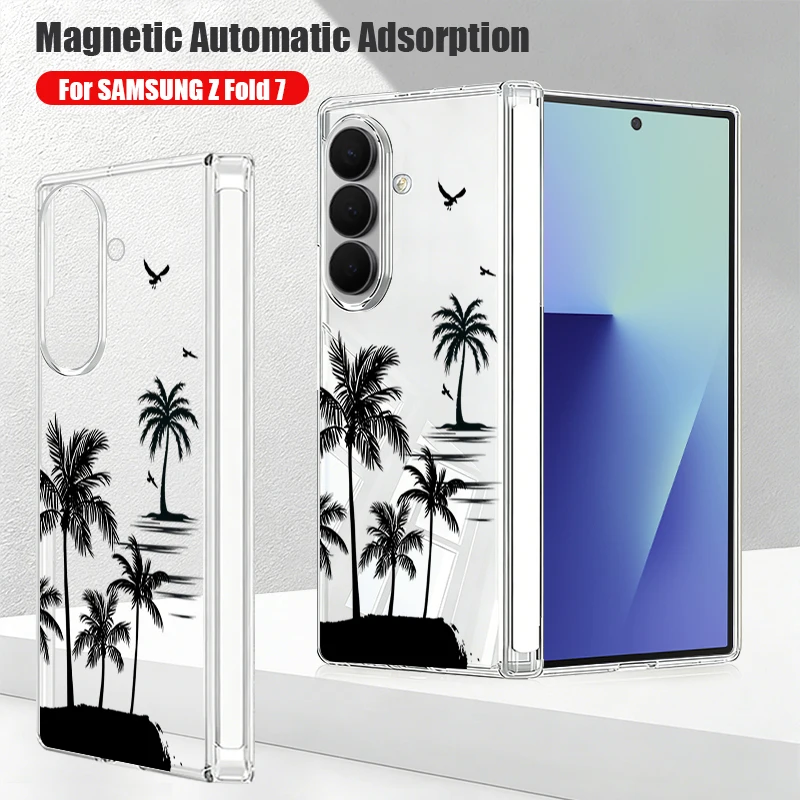 Clear Magnetic Auto Adsorption Case For Samsung Galaxy Z Fold 7 6 5 Fold7 Fold6 Fold5 5G Coconut Tree Print Hard PC Back Cover
