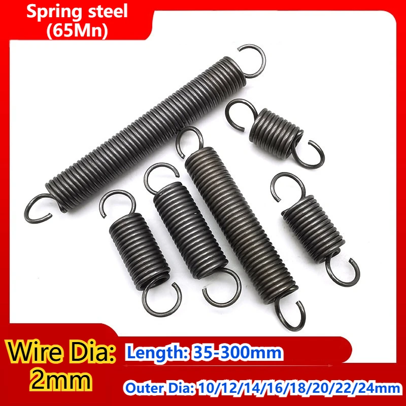 1pcs Wire Diameter 2mm Tension Extension Spring Expansion Springs Length 35/40/45/50/55-300mm Out Dia 10/12/14/16/18/20/22/24mm