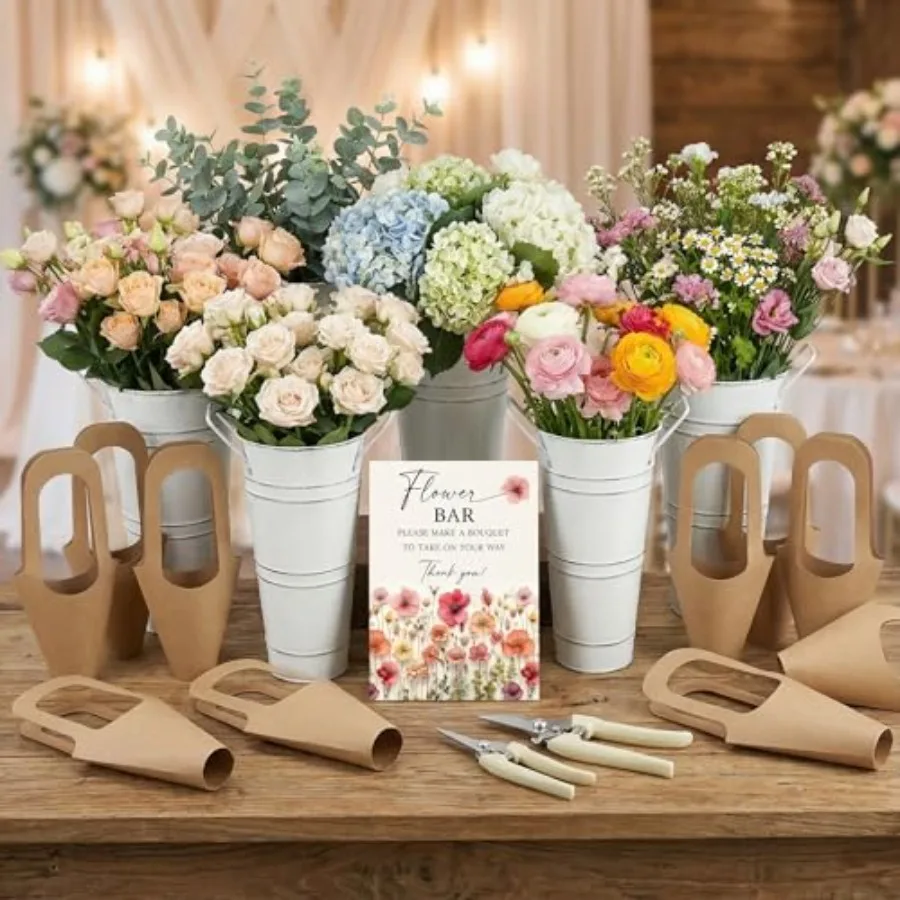 

White 39 Pcs Flower Bar Buckets Set Kit Bloom Bar Supplies Include Wood Sign Gift Bags Iron Bucket Garden Flower Shears for Val