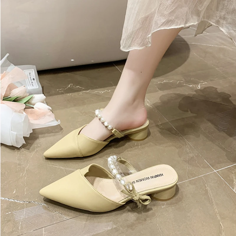 Fashion Baotou Half Slippers sandals Female Summer Outdoor Pearl Pointed Thick Heel High Heels Slippers Chaussure Femme