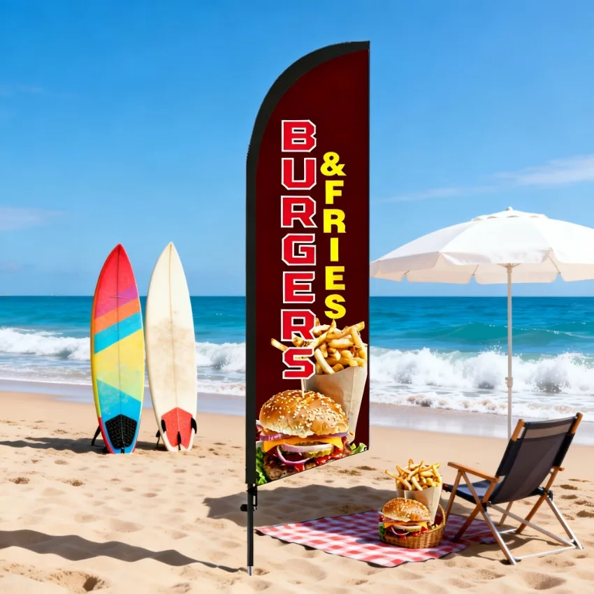 Burger Shop Feather Flag Banner 6.5Ft, Durable Double Sided Polyester Outdoor Advertising Sign for Promotion