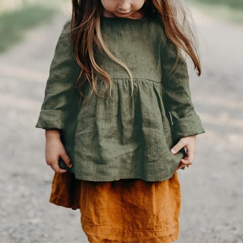 Retro Linen Long-Sleeved Shirt Girl's 2026 Solid Color Spring New Chic Ruffled Cotton And Linen Shirts Casual Baby Kids Blouse