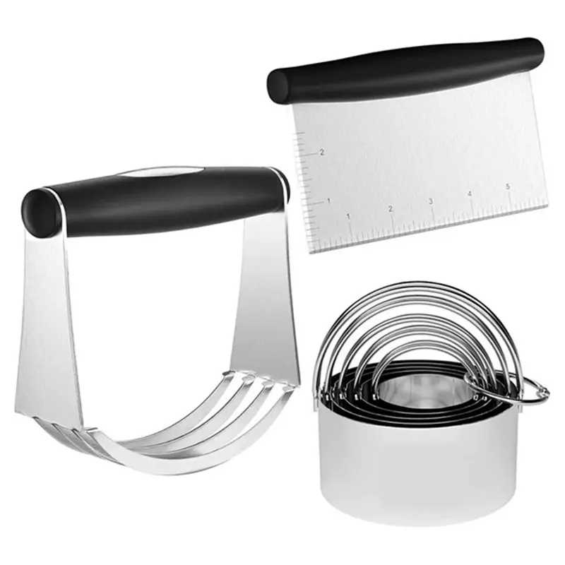 【FITTING】Stainless Steel Biscuit Cutter Set, Pastry Scraper And Dough Blender With Ergonomic Rubber Grip Baking Dough Tools