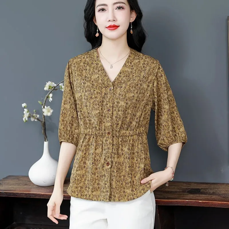 

Fashionable V-neck Floral Mid-sleeve Chiffon Shirt New Style Waist-cinching Retro Elegant Printed Button Patchwork Top