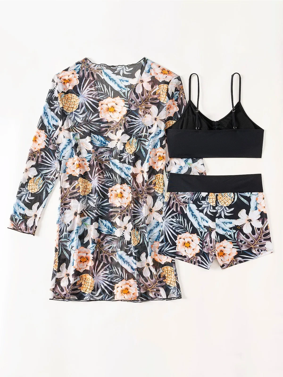 Women's Flower Print Three Piece Swimsuit Long Sleeve Mesh Sunscreen Cover-ups Bikini Set High Waist Lace-up Swimwear 2024 New