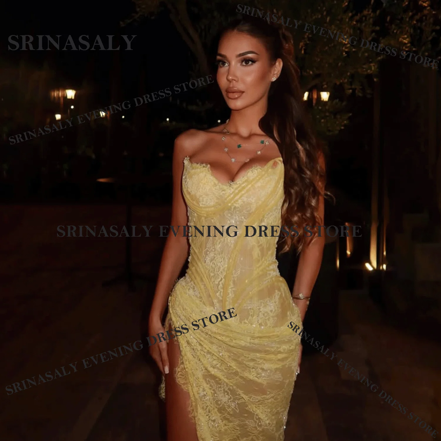 

Elegant Lace Mermaid Prom Dresses Customized Strapless Sexy High Slit Evening Party Gown Sexy Arabric Dubai Long robes de soirée