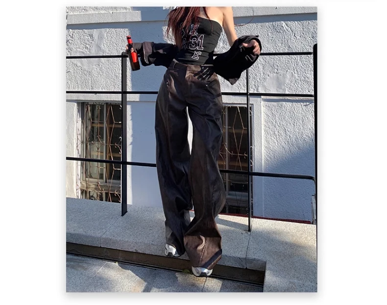 Lautaro Spring Long Loose Casual Soft Distressed Brown Pu Leather Wide Leg Pants for Women High Waist Korean Style Fashion 2024