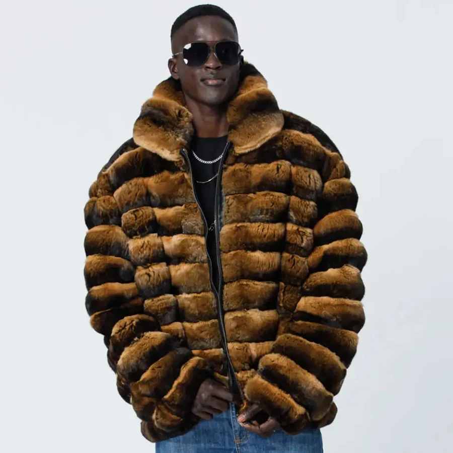 Men's Full Skin Natural Brown Rabbit Fur Bomber Jacket 2024 New Winter Warm Zippered Jacket