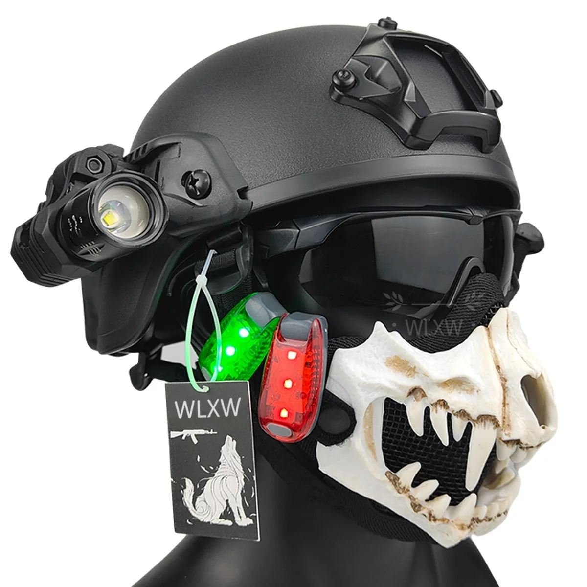 

MICH 2000 Tactical Helmet with Airsoft Skull Mask Tactical Goggles 4 Lens Flashlight 25MM Flashlight Clip for Paintball Cosplay