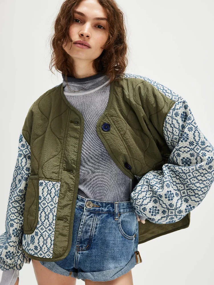

Новая осенне-зимняя повседневная женская стеганая куртка с цветочным принтом в стиле пэчворк и длинными рукавами, винтажная легкая теплая верхняя одежда