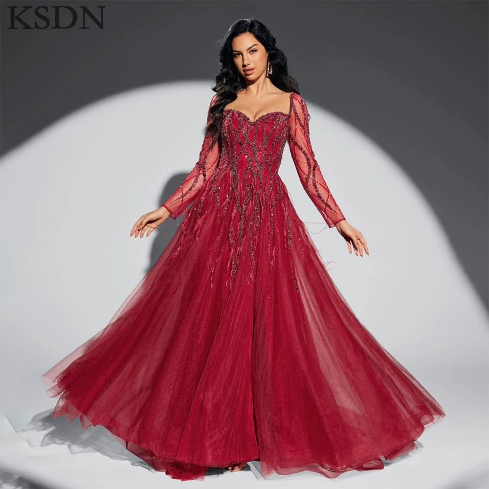 

KSDN Изысканные женские красные вечерние платья Роскошные тюлевые перья Часовня со шлейфом Платья для торжественных случаев Элегантное свадебное платье Vestidos