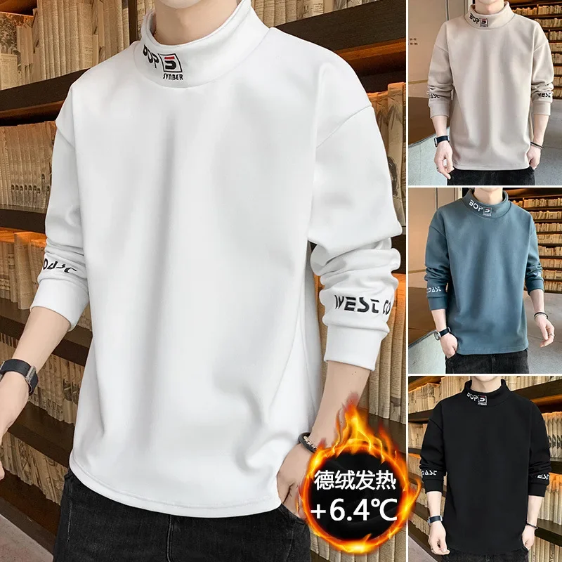 

Модный теплый спортивный свитер с флисовой подкладкой 2022, мужской осенний Повседневный пуловер, мужской топ с воротником-стойкой и бархатный свитер