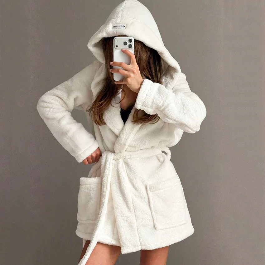 

Hiloc Winter Elegant Velvet Short Hooded Nightgown Autumn Long Sleeve Sashes Sleepdress Casual With Pocket Night Dresses 2025