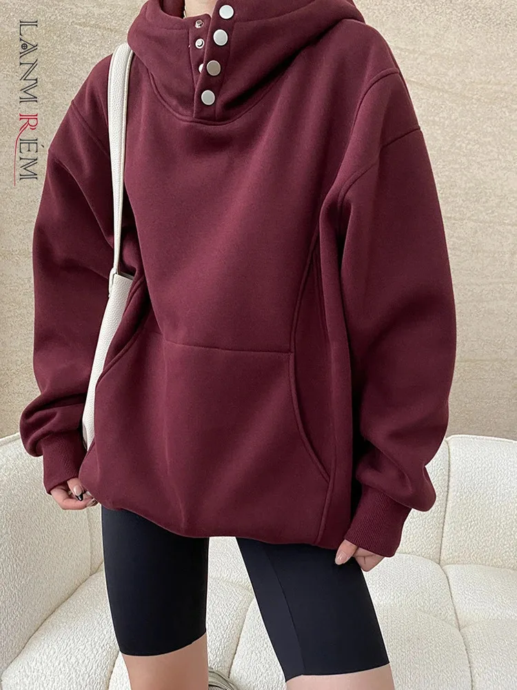 

[LANMREM] Office Lady Hooded Sweatshirt For Women Minimalism Thick Warm Loose Pullover Tops Female 2024 Winter New 26C1063