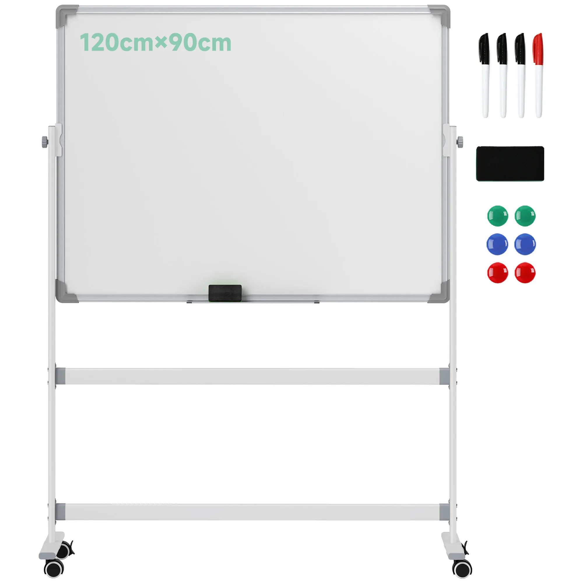 Tableau blanc mobile double face Homcom, 120 x 90 cm, tableau blanc magnétique rotation 360 ° , avec support, panneau incliné à 3 niveaux, cadre en aluminium, roues, marqueurs, aimants, gomme