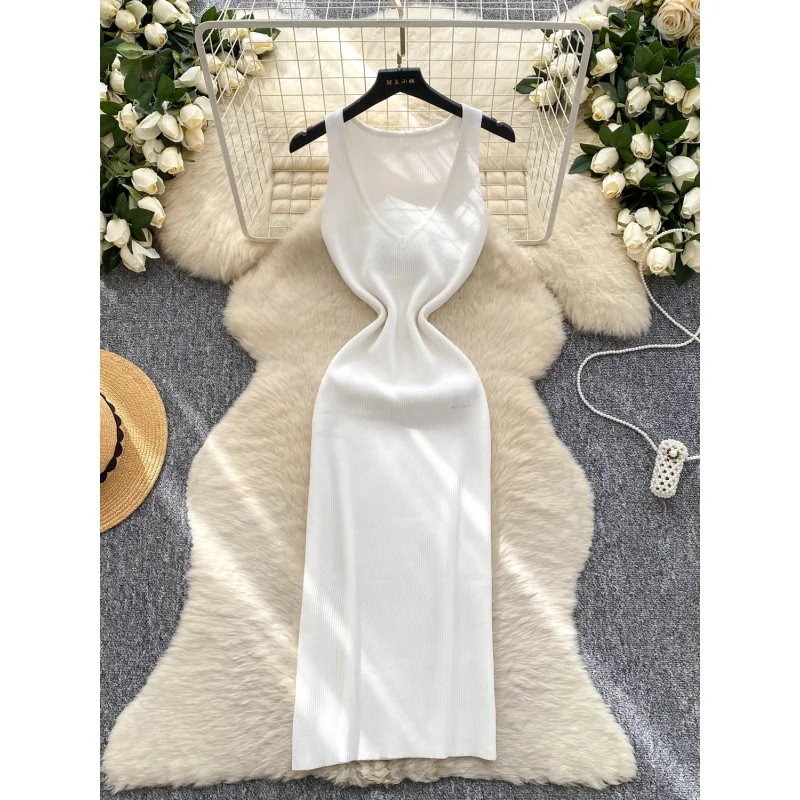 レディース サマー 無地 スリム シック Vネック ニット ボディコン ロング タンク ドレス カジュアル パーティー シース ドレス エレガント ストリートウェア ドレス