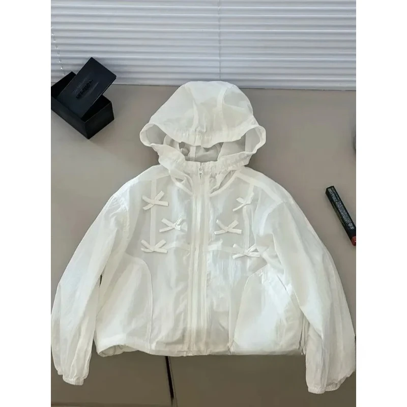 

New Thin Bow Jacket for Junior Girls Spring Summer Children's Loose Sunscreen Clothing Teen Girl Outerwear Hooded White Top