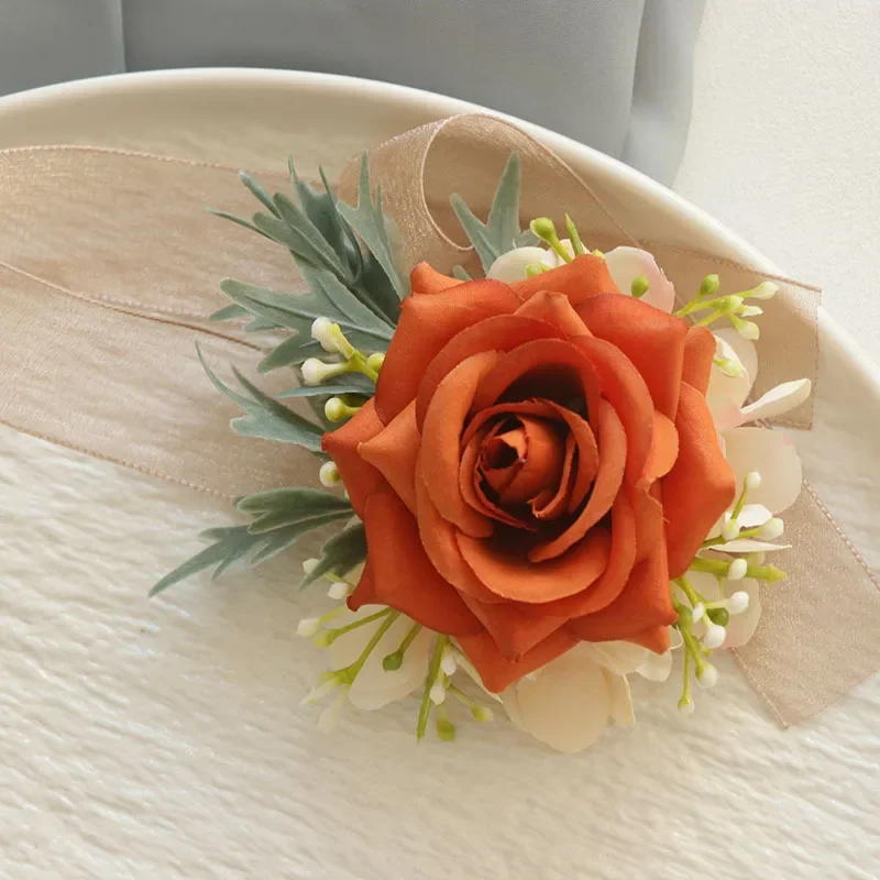 Boutonnière de Fleurs Artificielles pour Homme, Rose Orange, Corsage de Poignet, Demoiselle d'Honneur, Zones Me, Accessoires de Mariage