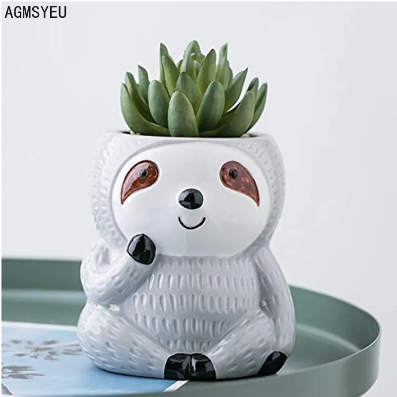 AGMSYEU Creative Cartoon Sloth Mini Flower Pot Ceramic Crafts Living Room Office Green Plant Potted Balcony Animal Flower Pot