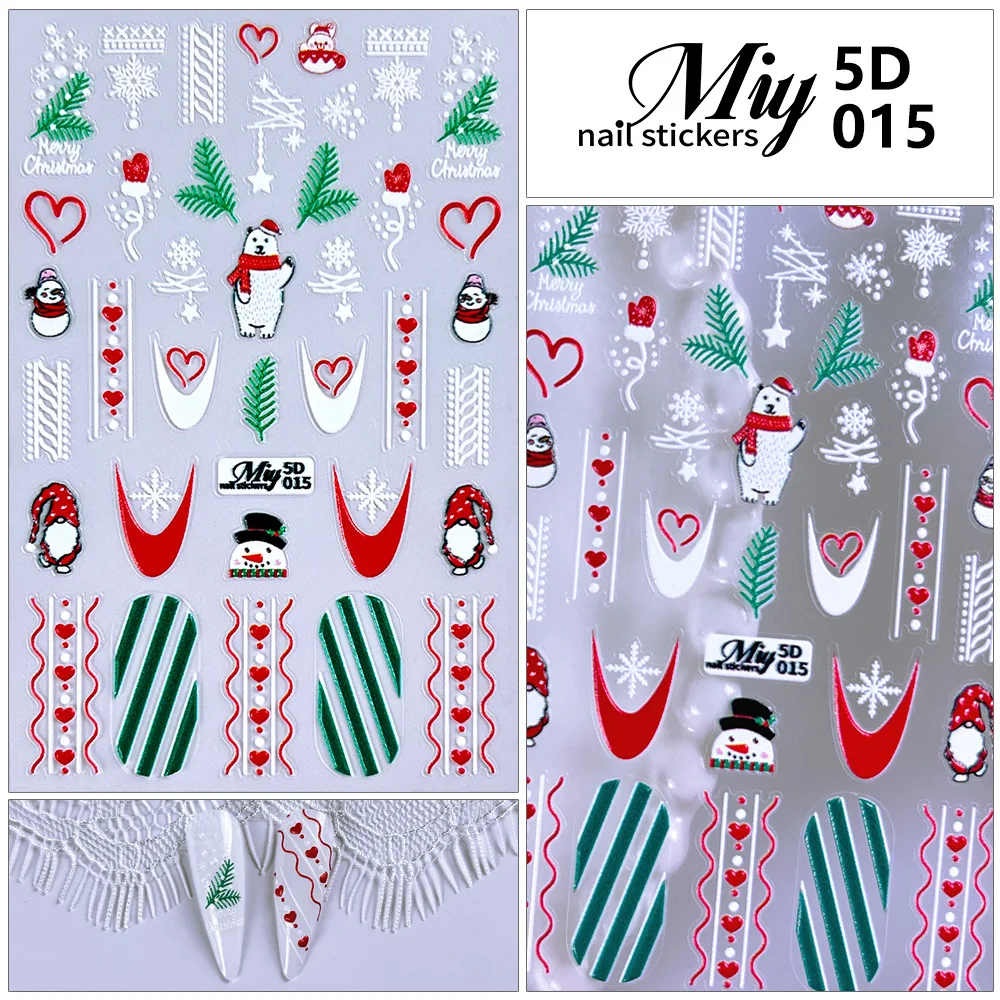 4 stks 5D Relief Kerst Nagelstickers Cartoon Snoep Hart Elanden Sneeuwpop Nagelsticker voor Feestelijke DIY Decal Nail Art Decoraties
