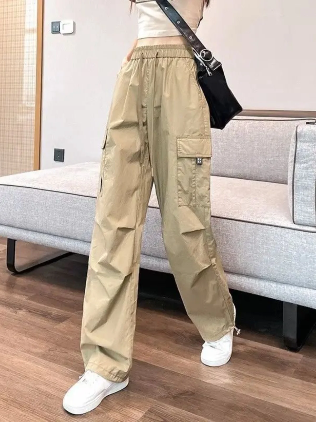 

Женские широкие брюки с множеством карманов и завязками на щиколотках, в уличном стиле Харадзюку, повседневные длинные брюки из полиэстера