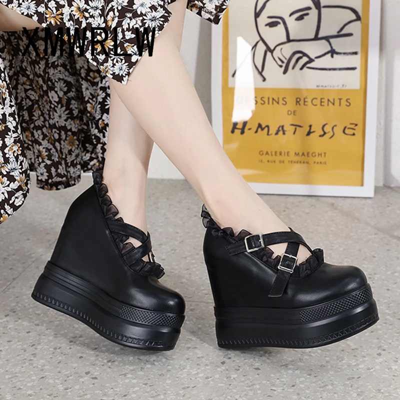 

XMWRLW Women's Platform Shoes 2023 Spring Summer PU Leather Thick Sole Female Wedges Shoes Rubber Sole Women Platform Shoe