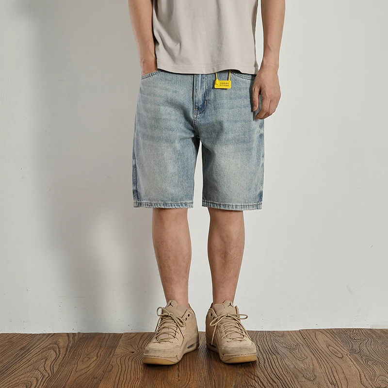 

Classic American Retro Light Wa Denim orts Men's Summer Casual Loose Straight Leg Jeans orts Youth Trendy Cotton Polyes...