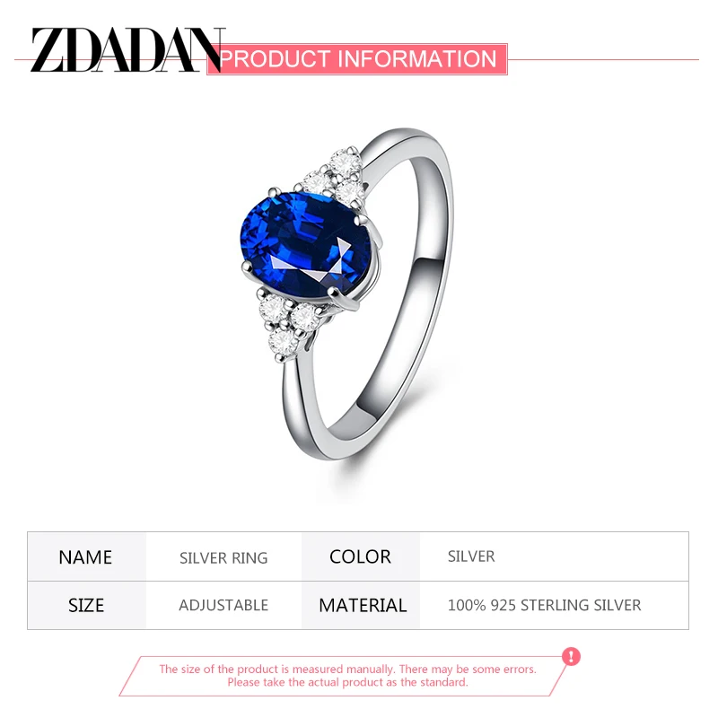 ZDADAN 925 Silver Round Sapphire Ring For Women Fashion Wedding Jewelry