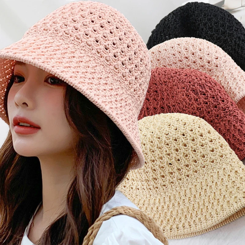 Wide Sun Hat Brim Floppy Summer Hats for Women Beach Panama Straw Dome Weave Bucket Hat Hollow Out Female Hat Knitted Women Hats